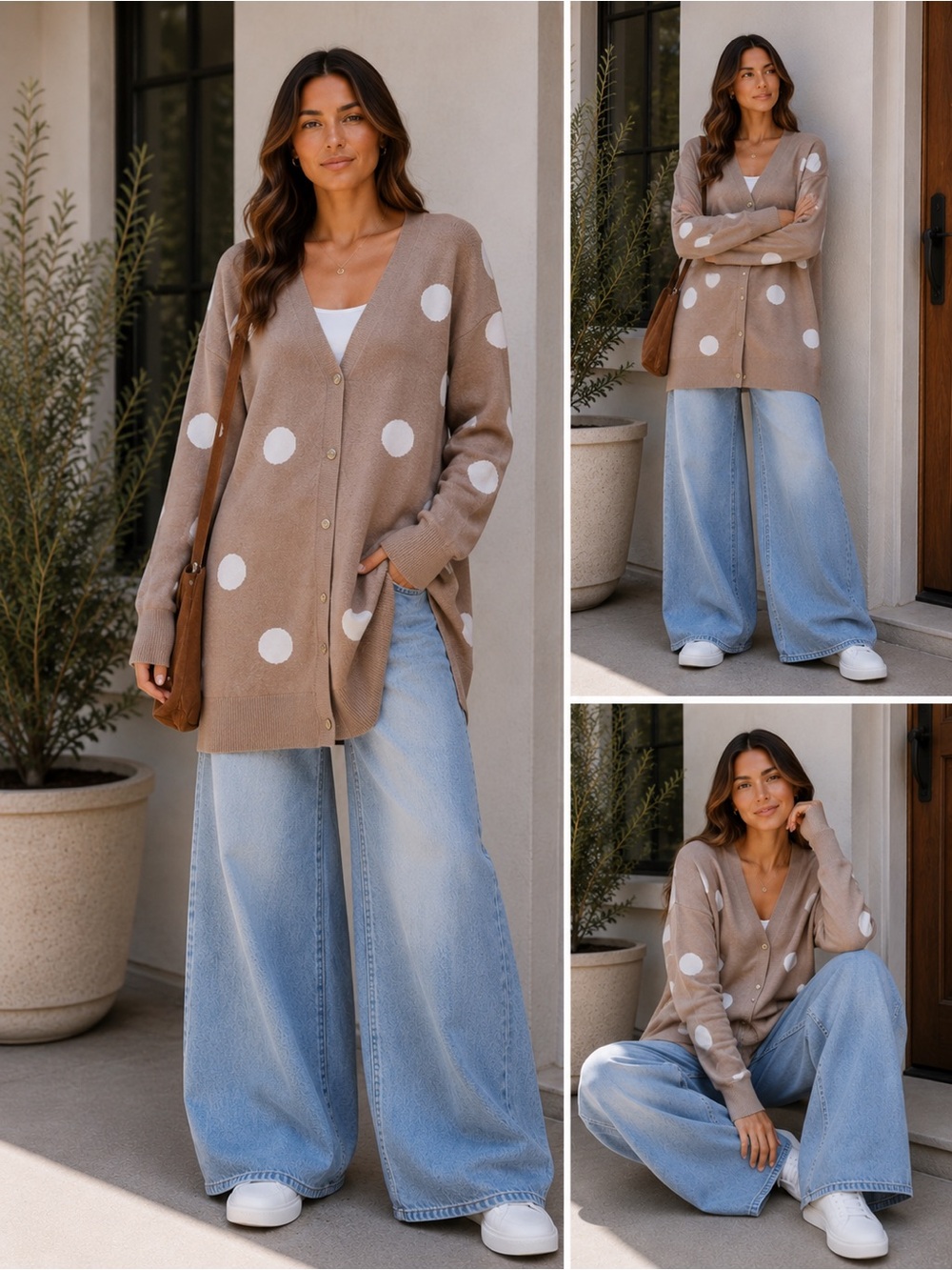 ShopEvelynne Taupe Cardigan with White Polka Dots